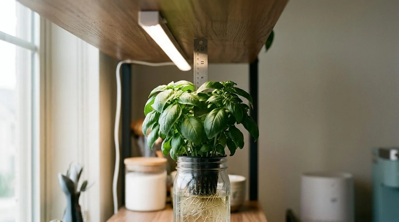 LED grow light bar hanging a hand's width above mature basil on an apartment shelf with a small ruler standing in the gap