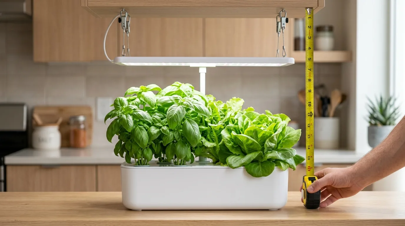 LED grow light panel hanging 14 inches above mature basil and lettuce in a small apartment hydroponic setup