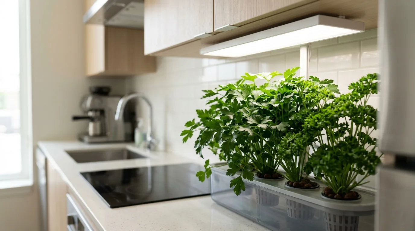 LED grow light panel hanging 6 to 8 inches above hydroponic parsley plants on a kitchen shelf