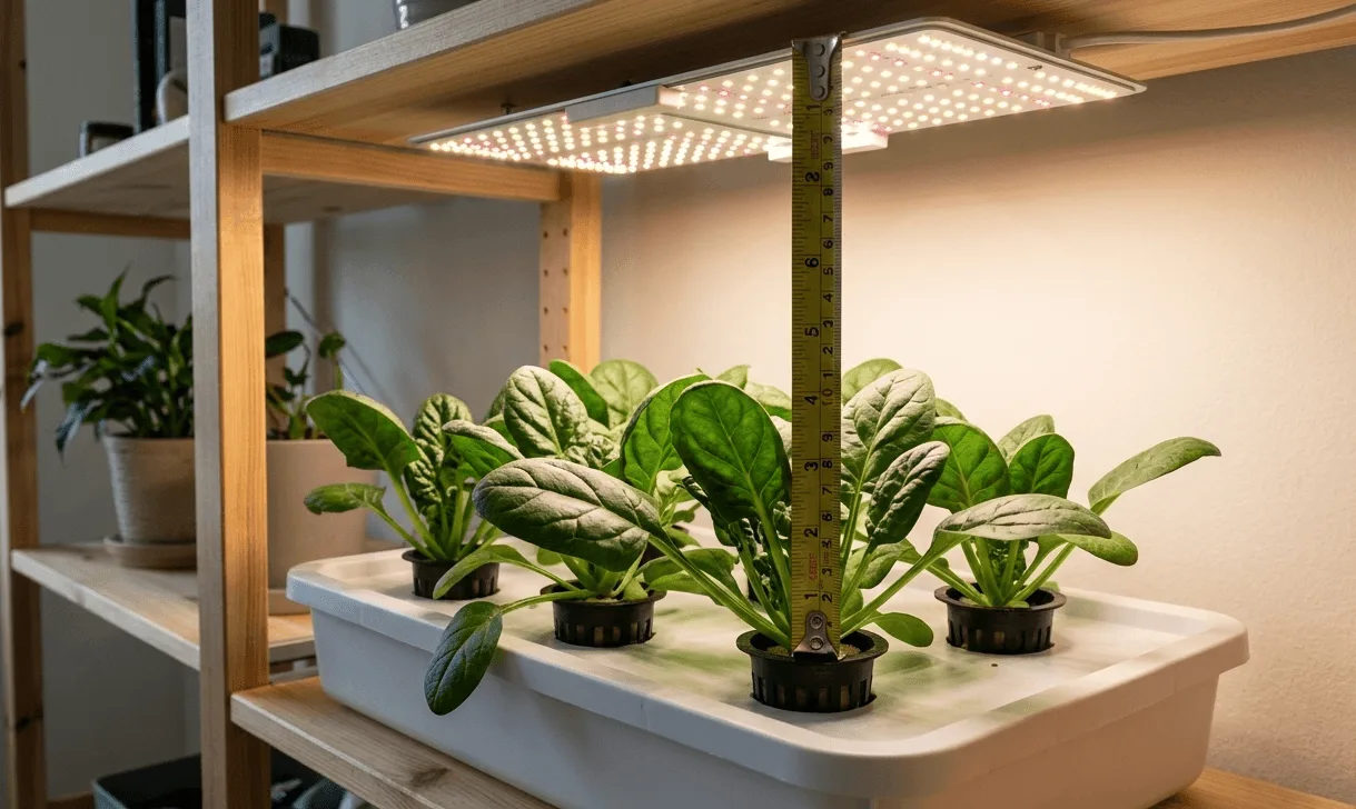LED grow light panel hanging 6 to 8 inches above spinach plants in a hydroponic tray with a measuring tape showing the correct distance