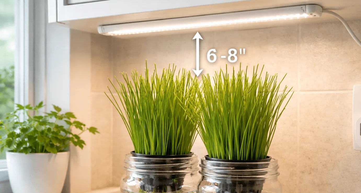 LED grow light hanging 6 to 8 inches above hydroponic chives on a small indoor shelf