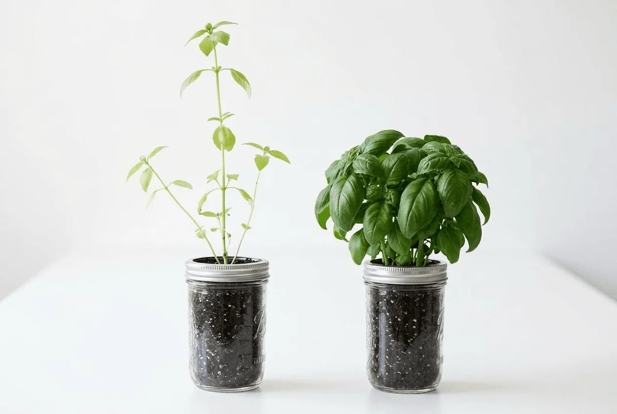 Side-by-side comparison of a leggy light-deprived basil plant versus a compact healthy basil plant grown under proper LED grow lights