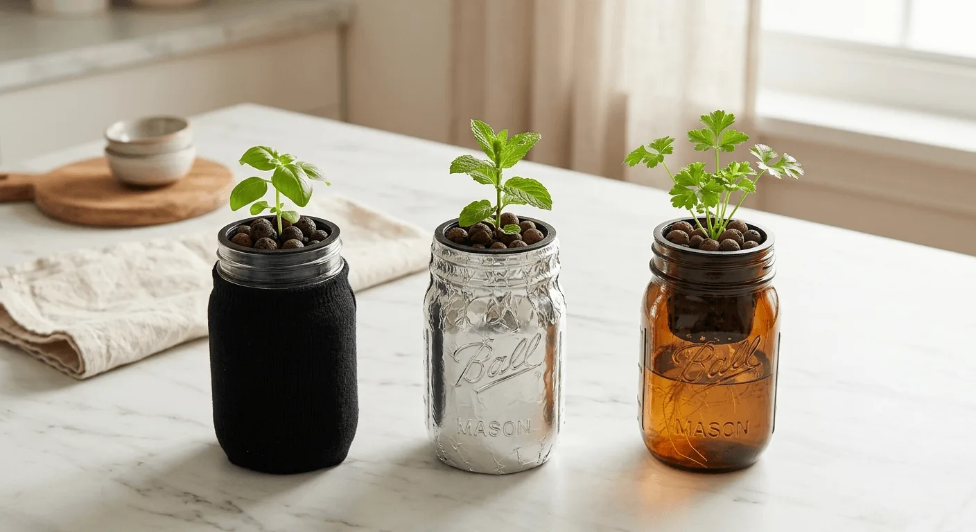 Three hydroponic mason jars with different light blocking methods including black sock, foil wrap, and amber glass