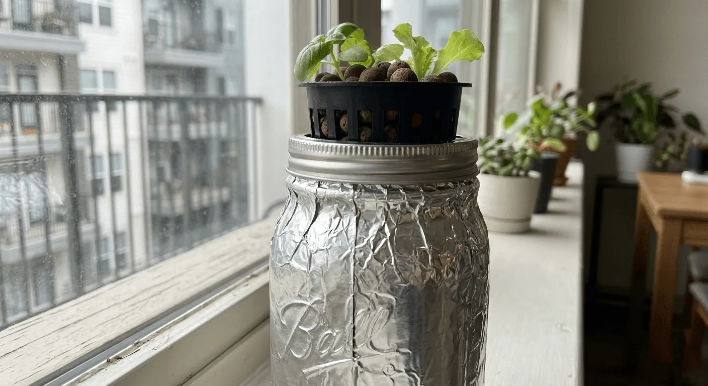 Foil-wrapped Mason jar Kratky setup with net cup on an indoor windowsill to block light and prevent algae