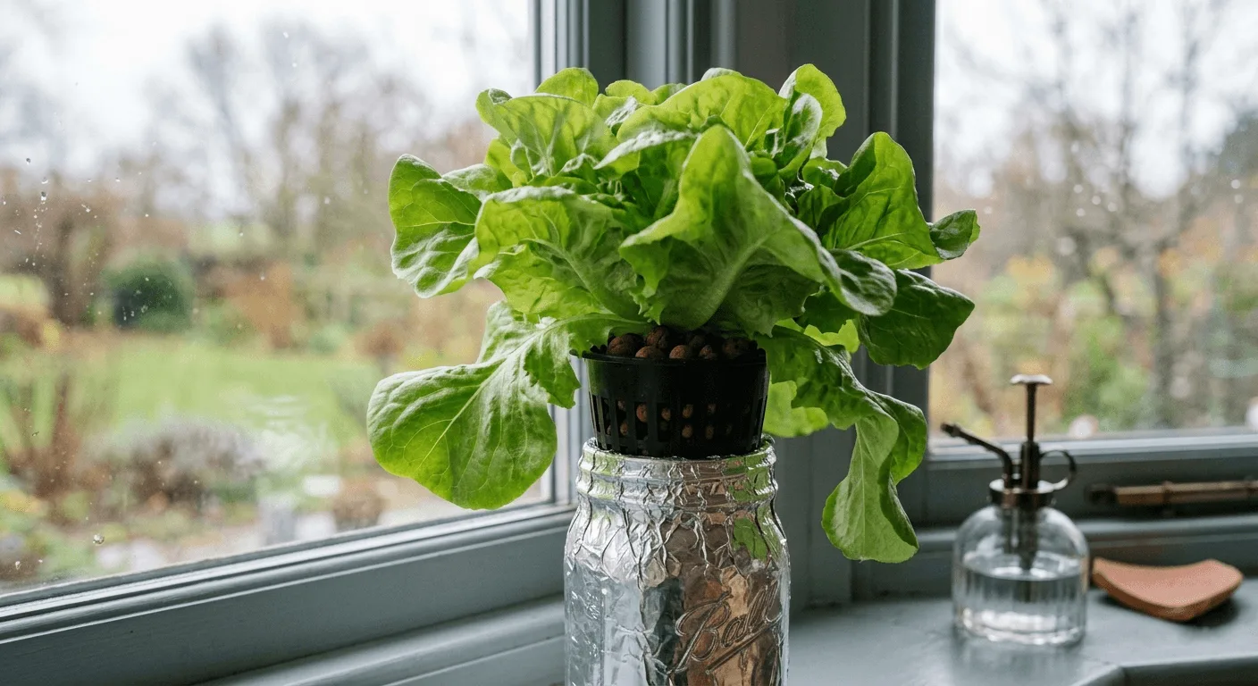 Loose-leaf lettuce plant spilling over the top of a foil-wrapped jar in a passive Kratky hydroponic setup on a windowsill
