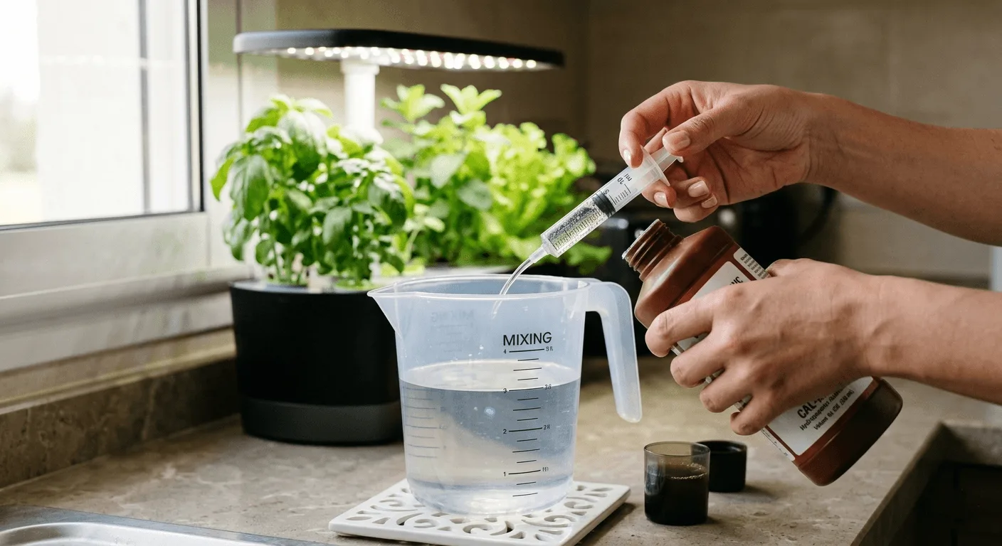 Close-up of hands using a plastic syringe to measure hydroponic nutrients into a clear mixing jug next to a countertop growing system
