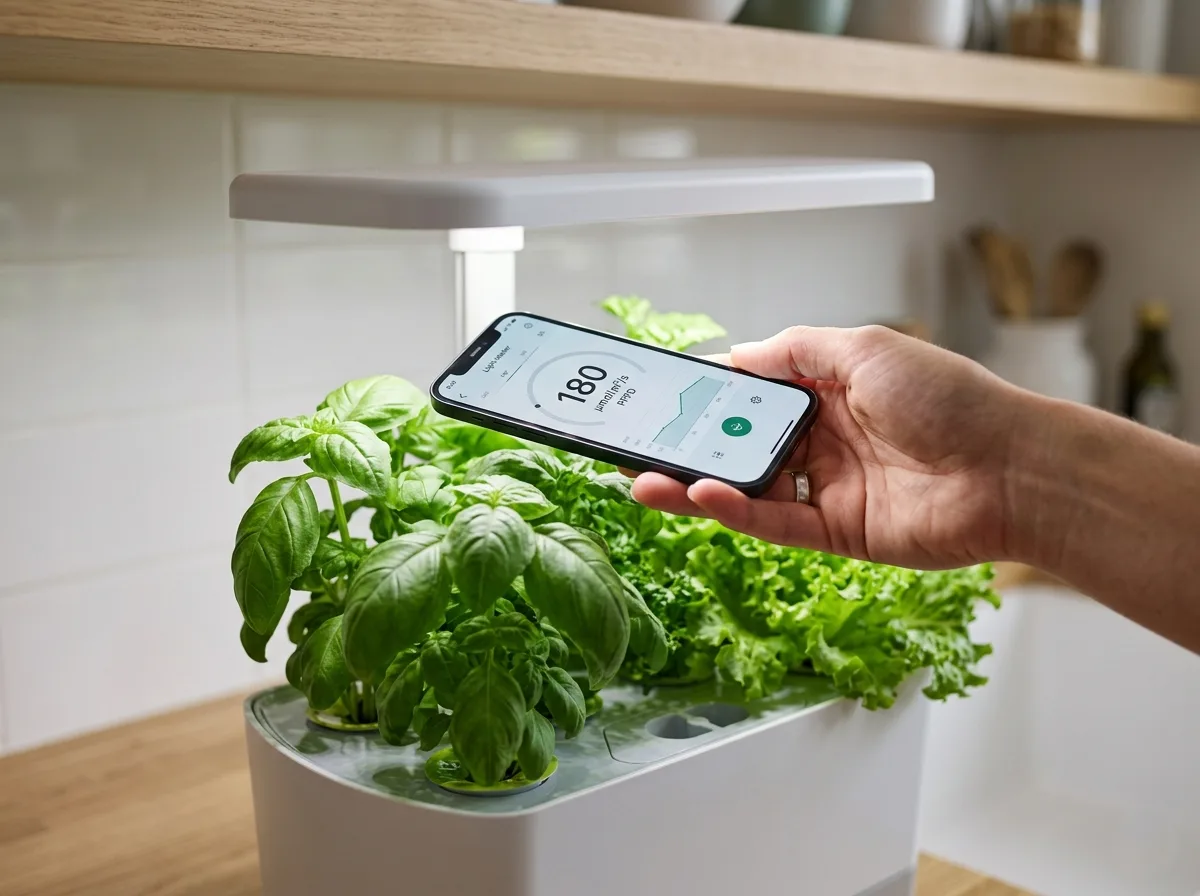 Smartphone with a PPFD meter app reading 180 µmol per square meter per second held at canopy height under an LED grow light above indoor herbs
