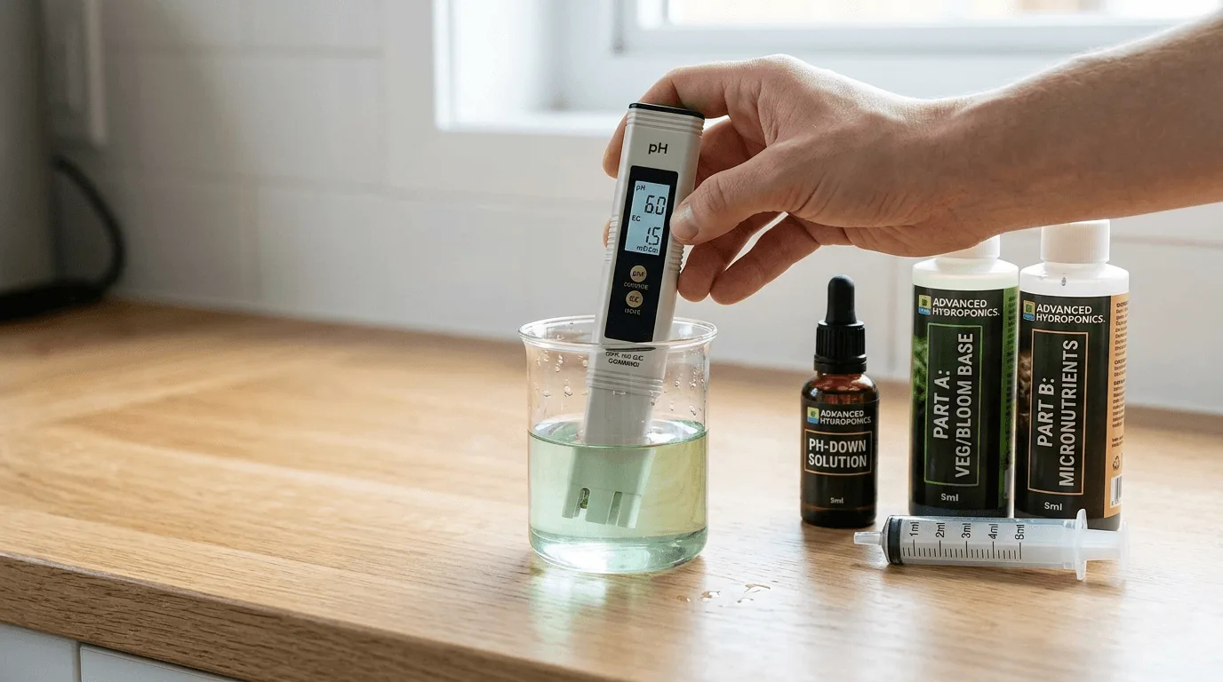 Hand holding a digital pH and EC meter dipped into a small clear container of green hydroponic nutrient solution next to a bottle of liquid nutrients and a measuring syringe on a kitchen counter