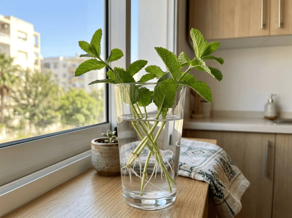 Fresh grocery store mint cuttings developing white roots in a glass of water on a sunny kitchen windowsill