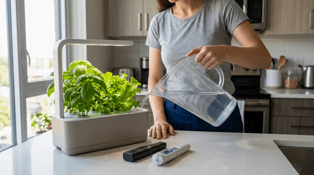 Woman leaning over an apartment kitchen counter pouring nutrient solution from a pitcher into a hydroponic system with basil and lettuce growing from the net cups