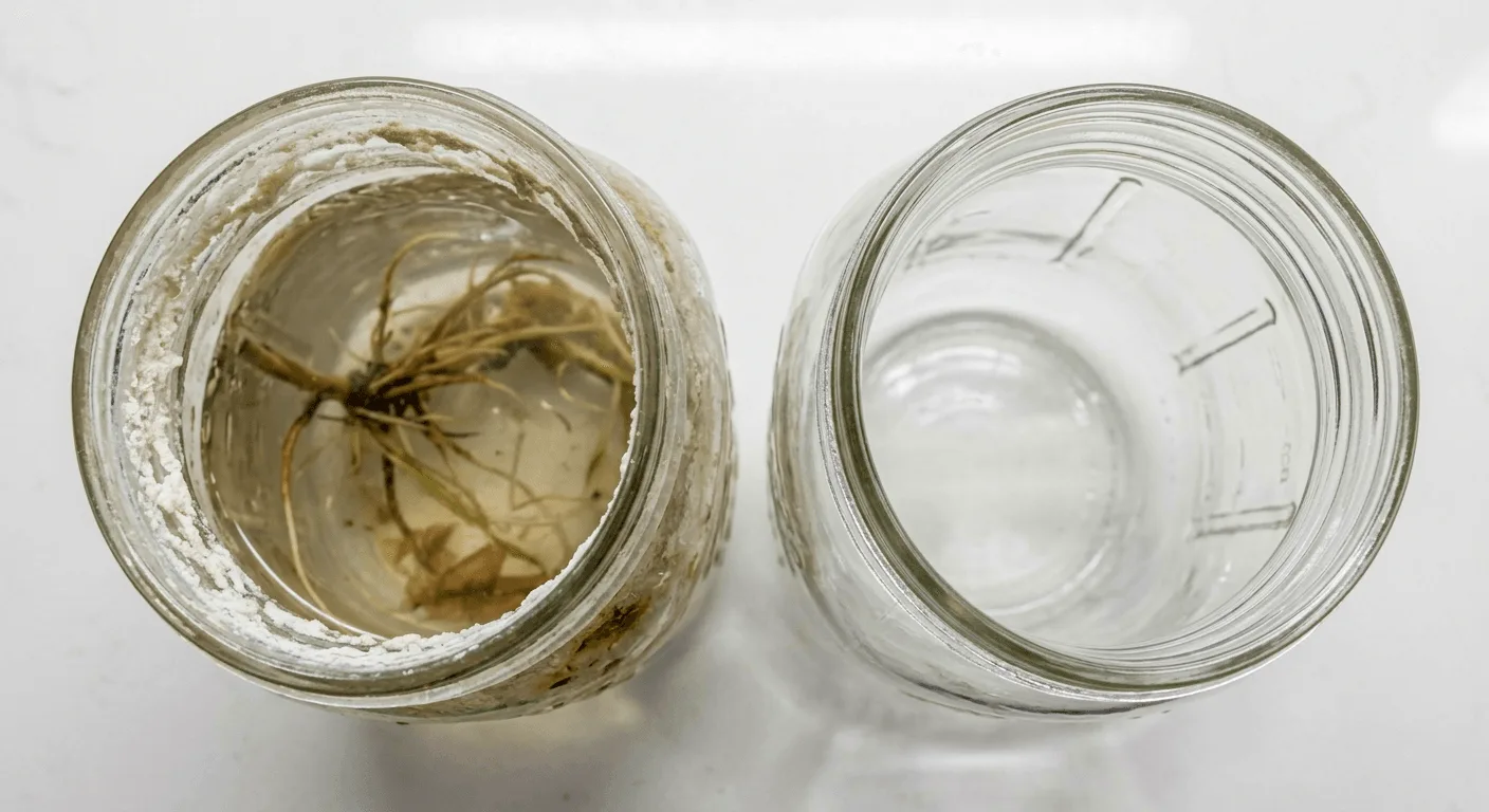 Top-down view of two Mason jars on a kitchen counter, one with white salt crust and murky water from a neglected reservoir and one clean empty jar for contrast