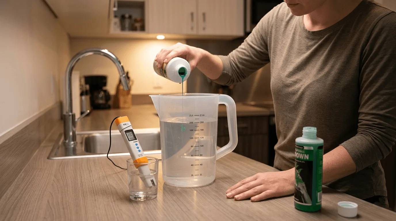 Woman standing at an apartment kitchen counter adding measured liquid nutrients to a clear pitcher with a pH meter and pH Down bottle resting on the counter beside her