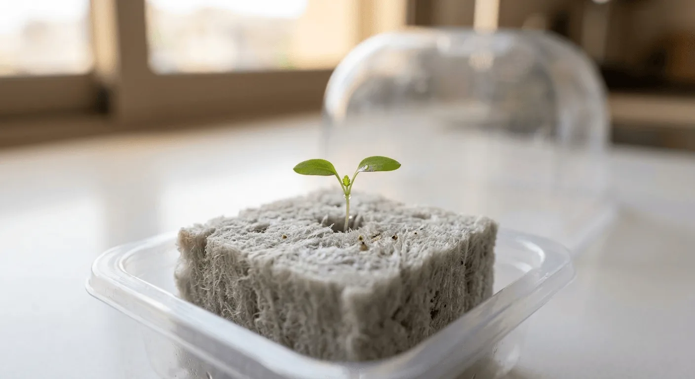 Parsley seedling just sprouting from a rockwool cube inside a humidity dome