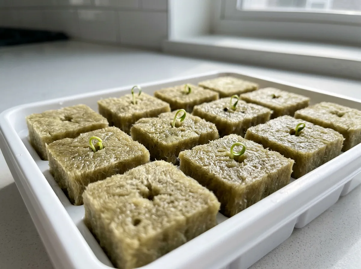 Close-up of parsley seeds just sprouting in moist rockwool cubes after two weeks
