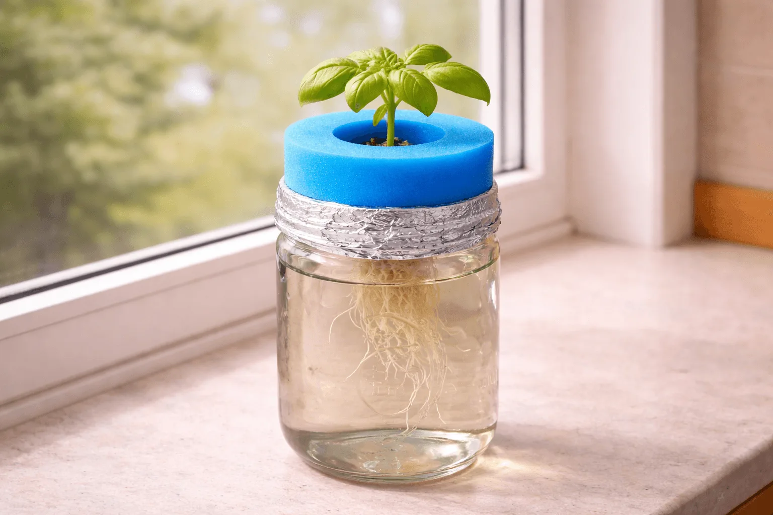 Sliced pool noodle ring wedged into the neck of a foil-wrapped jar, supporting a small herb plant with roots hanging into the nutrient solution in a passive Kratky setup