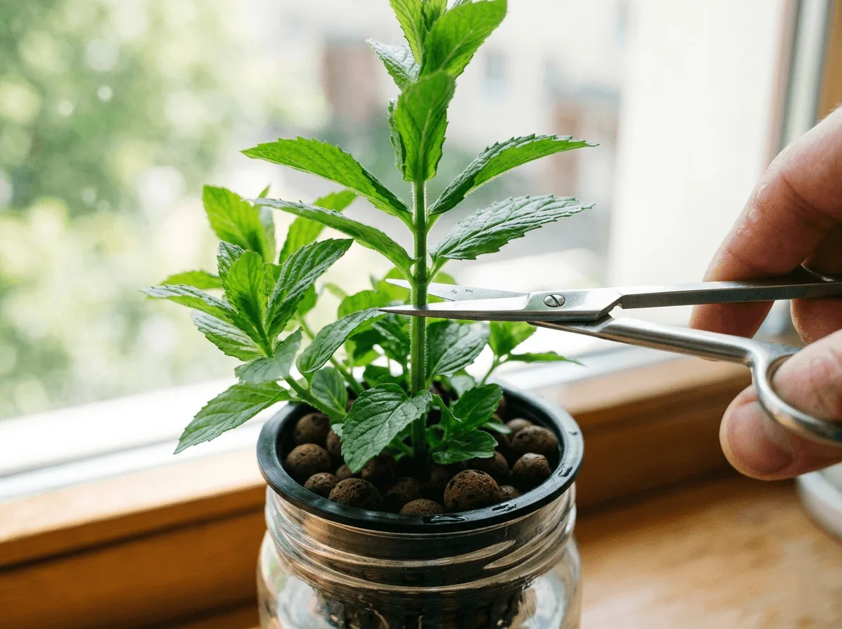 Scissors trimming a hydroponic mint stem just above a leaf node to encourage bushy growth