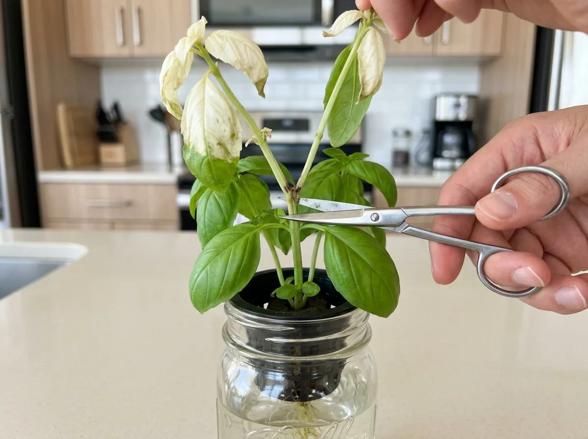 Hand using scissors to prune a light-burned basil stem just above a healthy leaf node in a hydroponic system