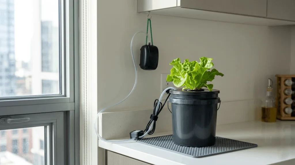 quiet hydroponic pump apartment setup on a small kitchen shelf with a DWC bucket and hanging air pump