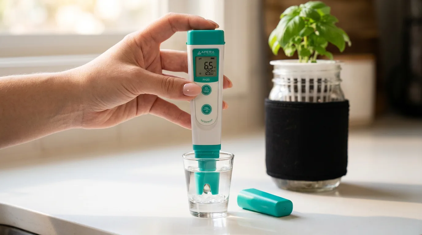 Dried hydroponic pH meter probe soaking upright in a small cup of KCL storage solution on a kitchen counter