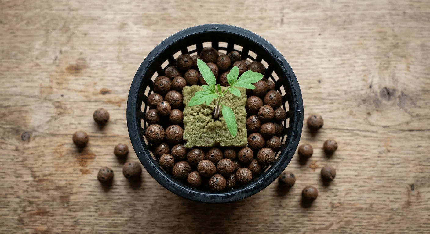 Net pot filled with clay pebbles holding a rockwool cube so the cube surface is level with the pebbles, supporting a small hydroponic seedling