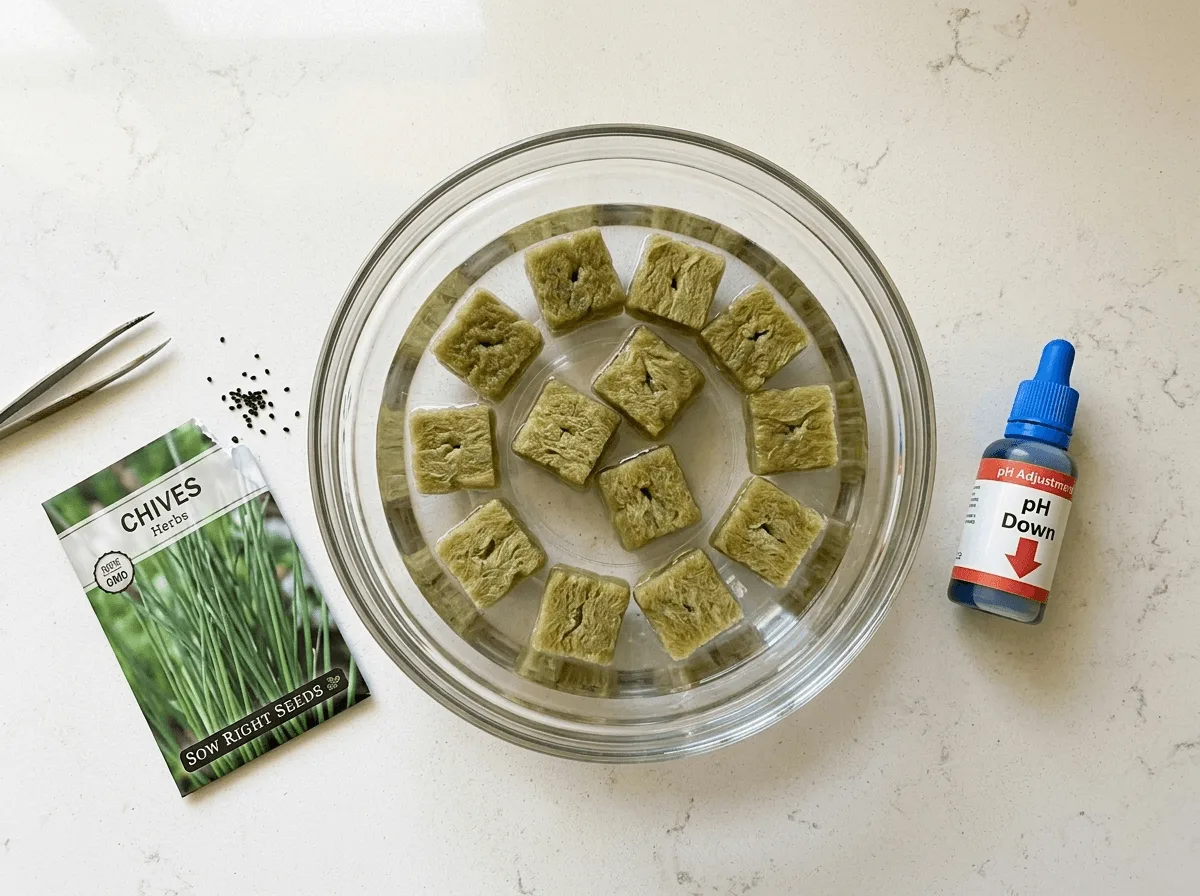 Rockwool cubes soaking in a bowl of pH-adjusted water before starting hydroponic chive seeds