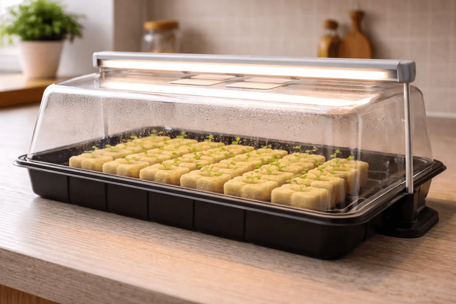 Tray of rockwool cubes with small seedlings under a clear humidity dome and LED grow light bars on an apartment kitchen counter