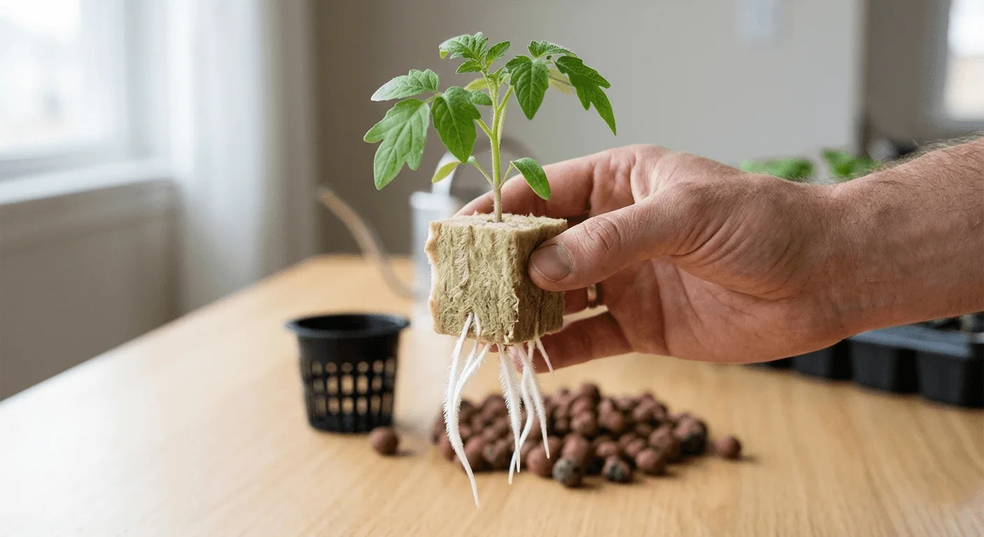 Rockwool cube with white roots emerging from the bottom being held above a net pot and clay pebbles for transplanting