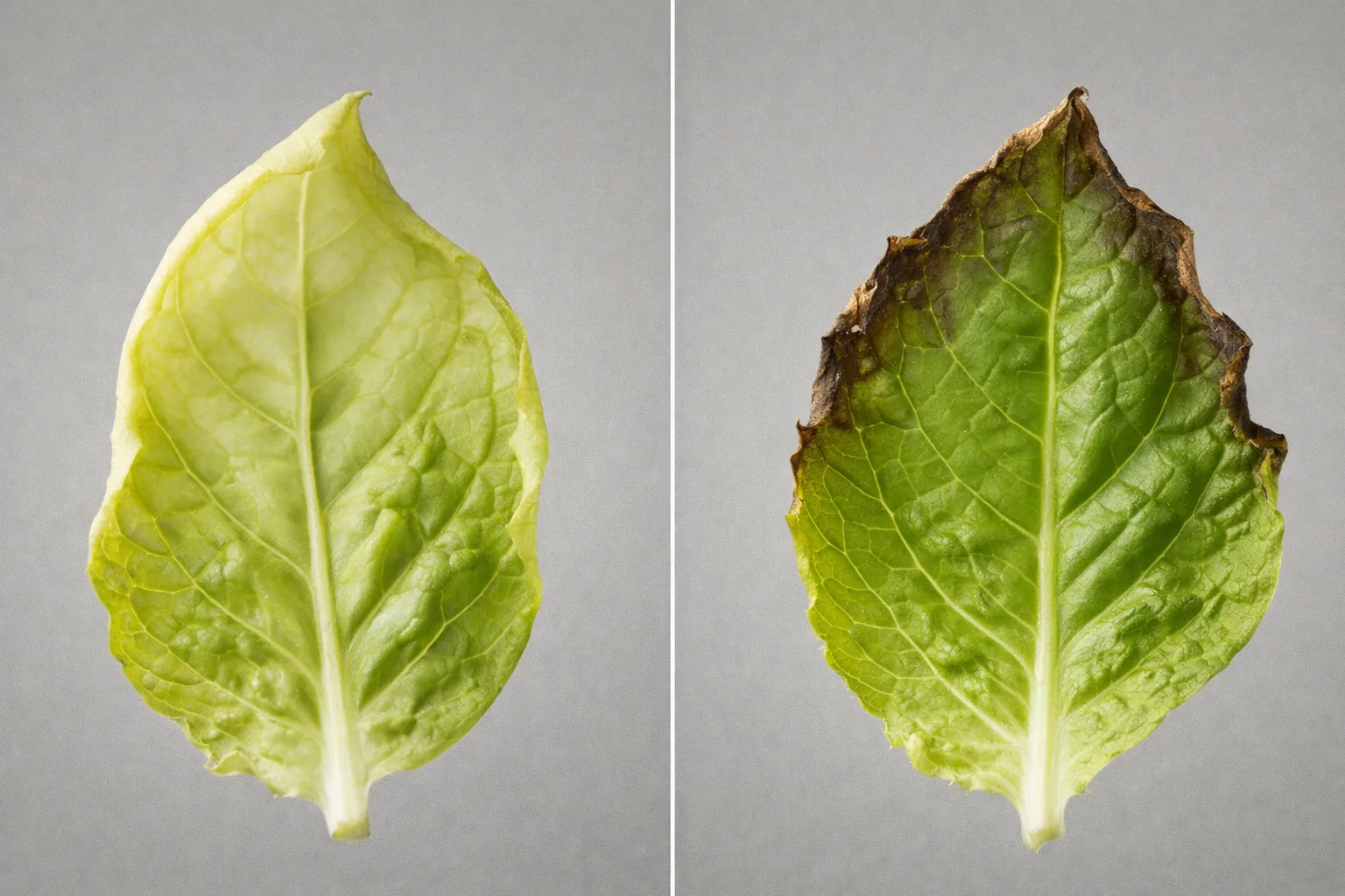 Side-by-side herb leaves showing grow light burn on top foliage and nutrient burn as brown crispy tips