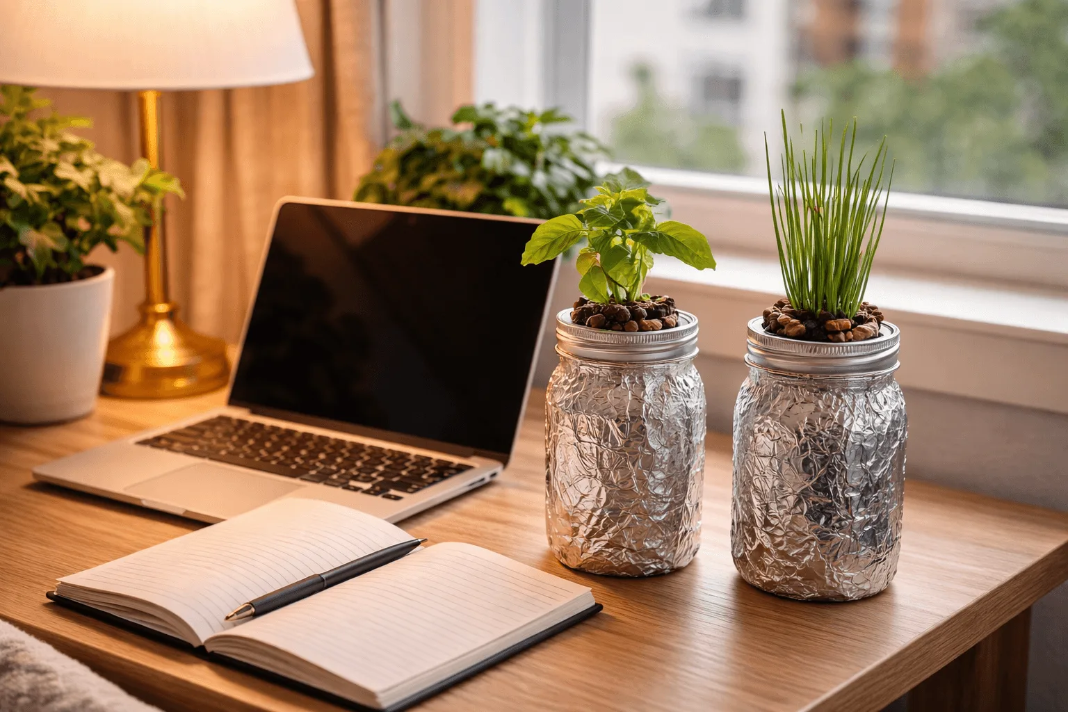 Two foil-wrapped Kratky jars growing herbs on a desk next to a laptop in a quiet apartment bedroom or home office