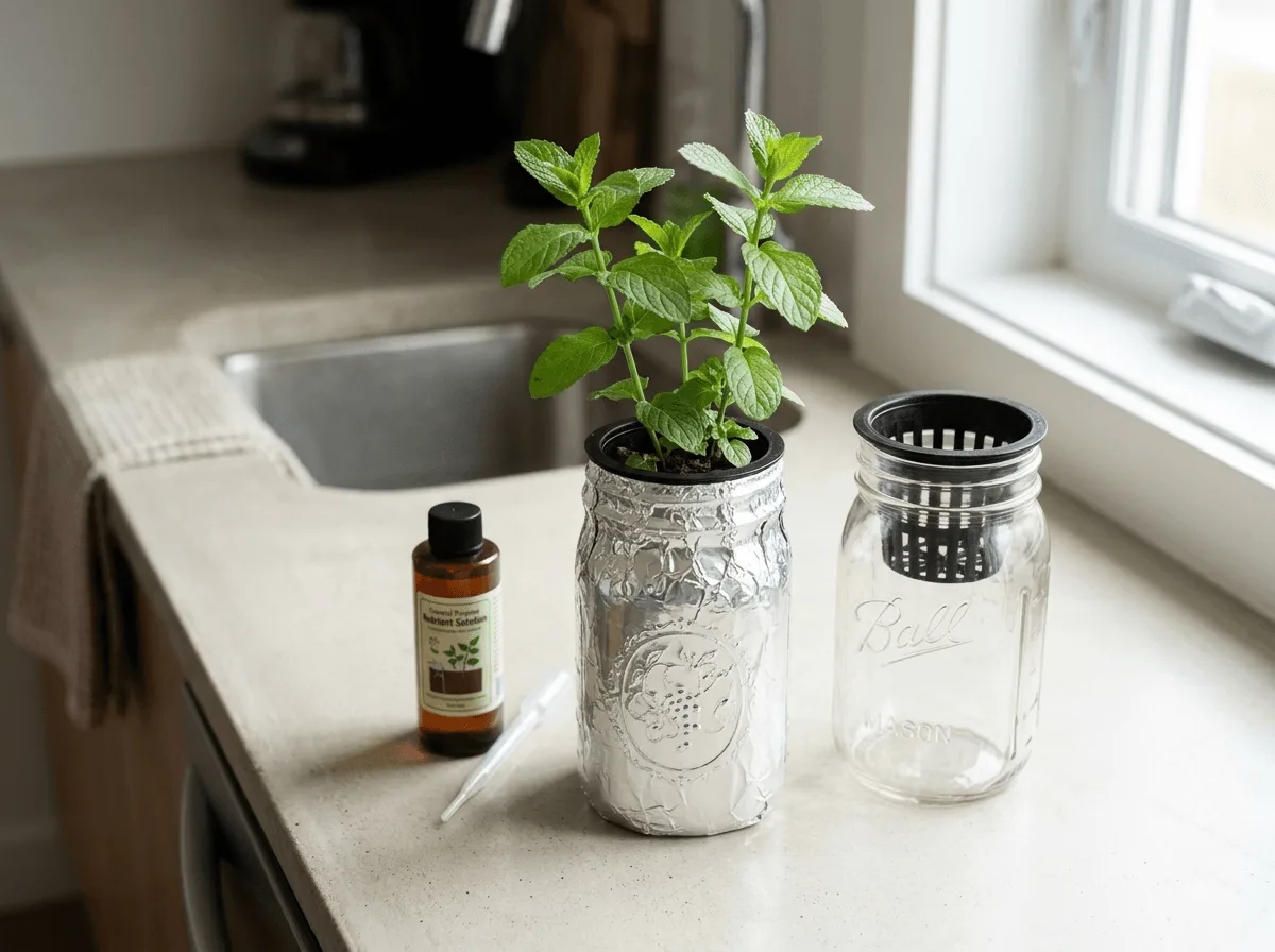 Small countertop hydroponic mint setup with a mason jar, net cup, and healthy mint plant in an apartment kitchen