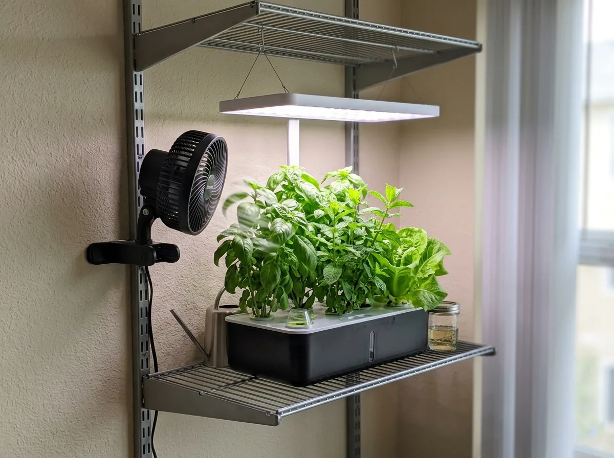 Small oscillating fan blowing air between a slim LED grow light and an indoor herb canopy on a shelf