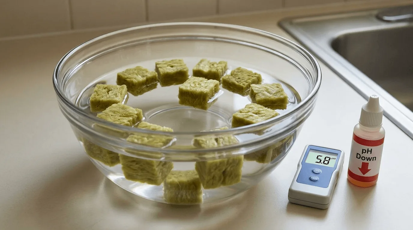 Rockwool cubes soaking in a glass bowl of pH-adjusted water with a digital pH meter reading 5.8 and a small pH Down bottle on an apartment countertop