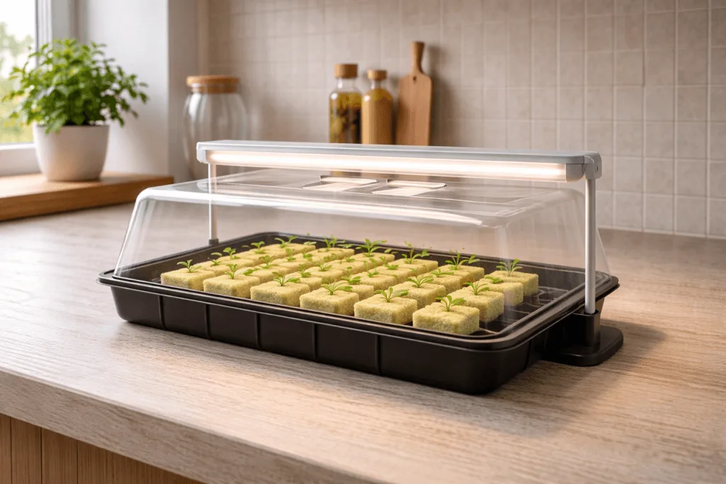 Hydroponic herb seedlings sprouting from rockwool cubes in a tray with a humidity dome and LED light on an apartment kitchen counter