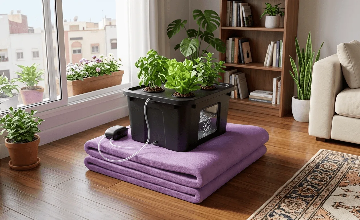 hydroponic bucket sitting on a folded yoga mat to reduce vibration on apartment floors
