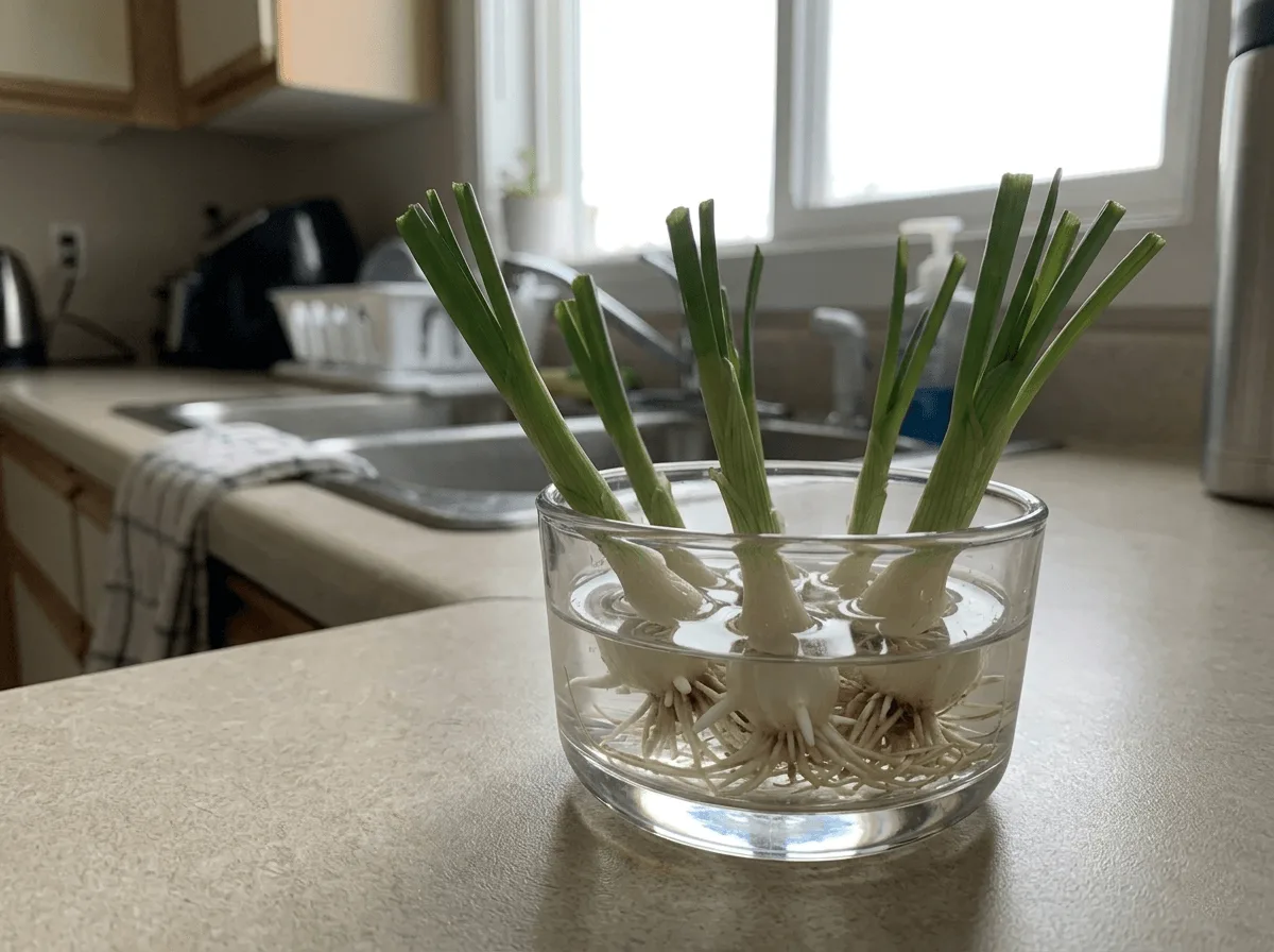 Store-bought chive bases with roots sitting in a shallow glass of water for hydroponic regrowth