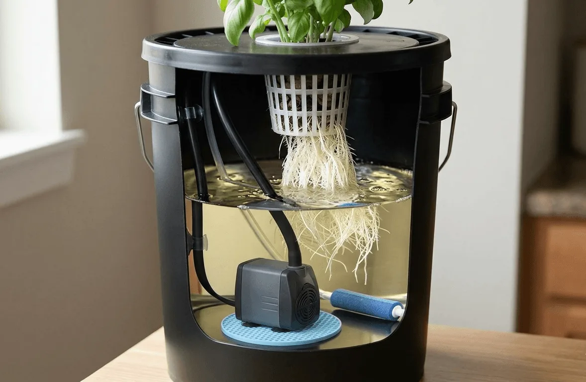 submersible water pump resting on a silicone pad inside a DWC bucket to stop vibration