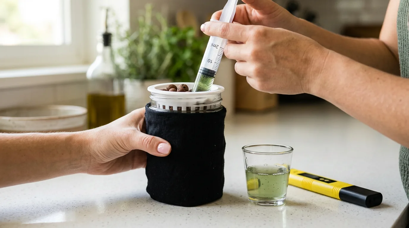 Clear syringe pulling a water sample from a hydroponic mason jar into a small cup for pH testing