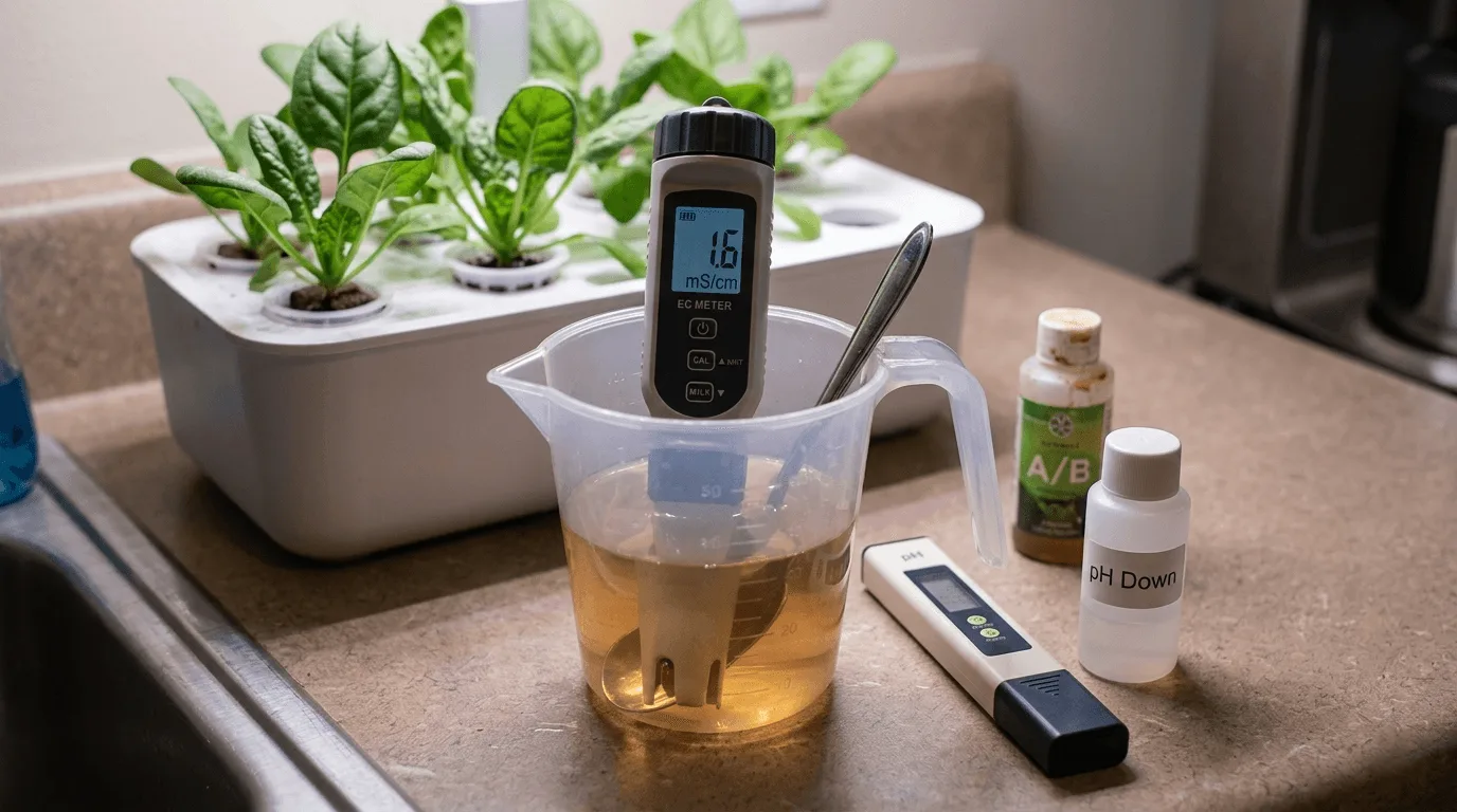 Digital EC meter showing 1.6 in a cup of nutrient solution next to a pH meter and pH Down bottle with spinach plants blurred in the background