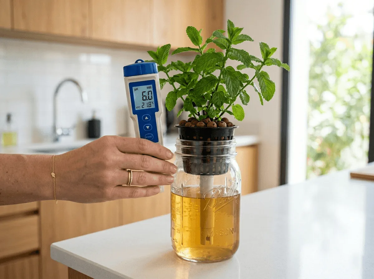 Hand testing hydroponic mint nutrient solution with a digital pH meter in a mason jar