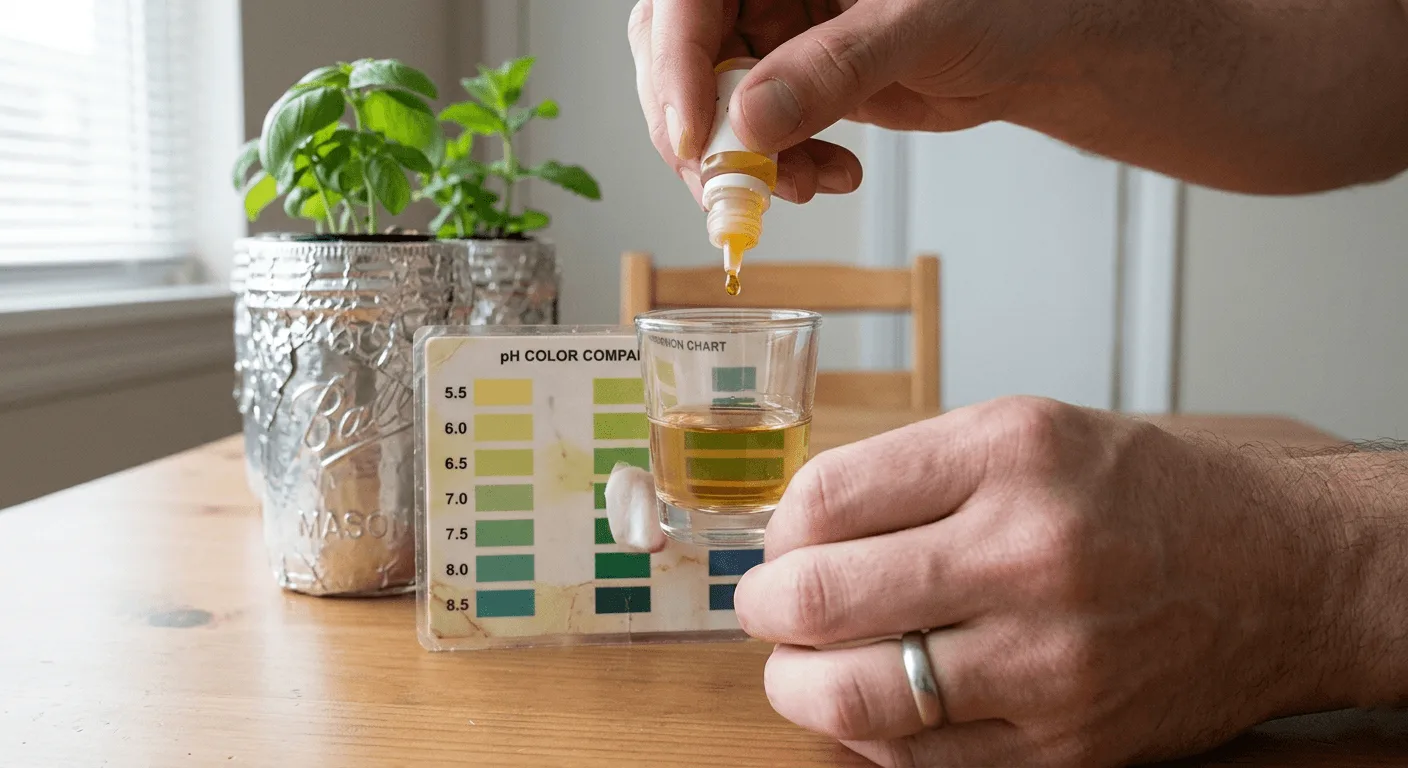 Hand adding liquid pH test drops to a small glass of nutrient solution with a color chart and foil-wrapped Kratky jars in the background
