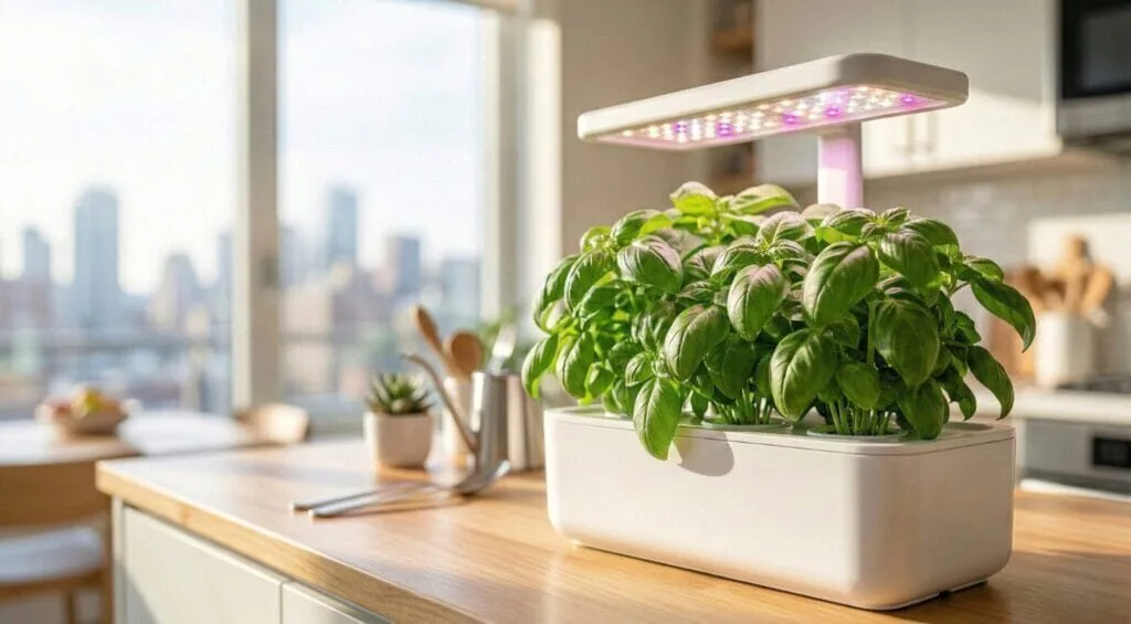 Hydroponic basil plant growing under LED grow light in a small apartment kitchen countertop setup