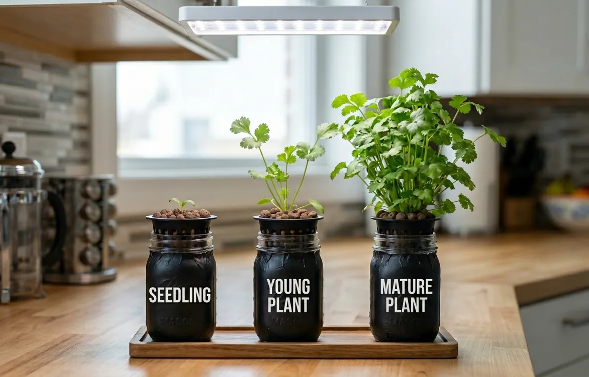 Three hydroponic containers on a kitchen shelf showing cilantro at three different growth stages, a seedling, a young vegetative plant, and a mature harvest-ready plant, demonstrating a staggered succession planting system