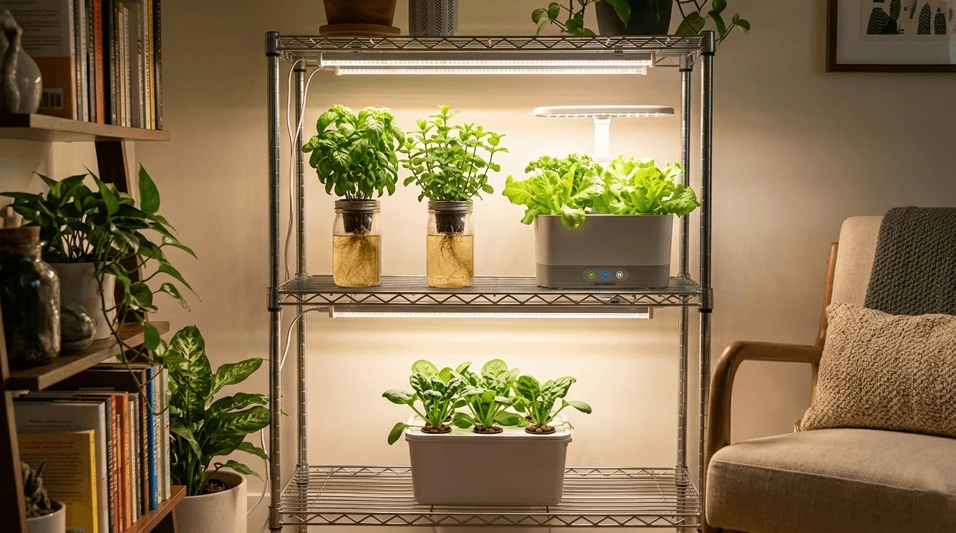 A wire shelving unit in an apartment with LED bar lights mounted under each tier growing basil mint lettuce and spinach in Kratky and DWC hydroponic systems