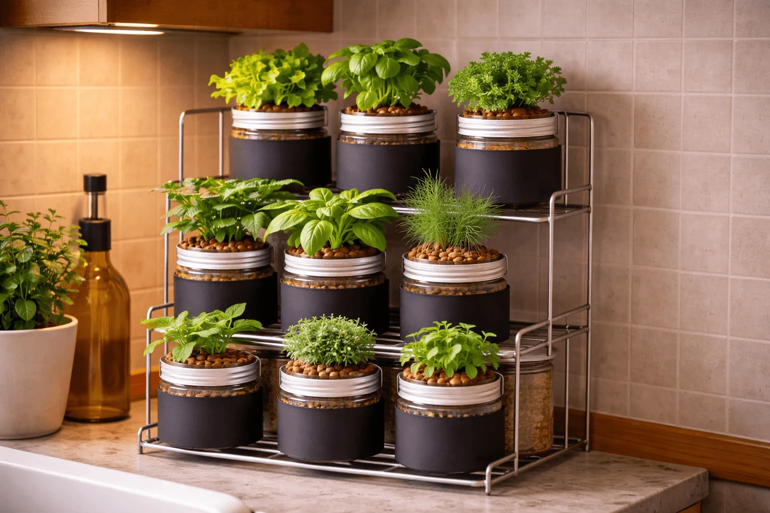 Several foil-wrapped Mason jars and pasta jars with herbs arranged on a tiered spice rack to create a vertical Kratky garden in a small kitchen corner