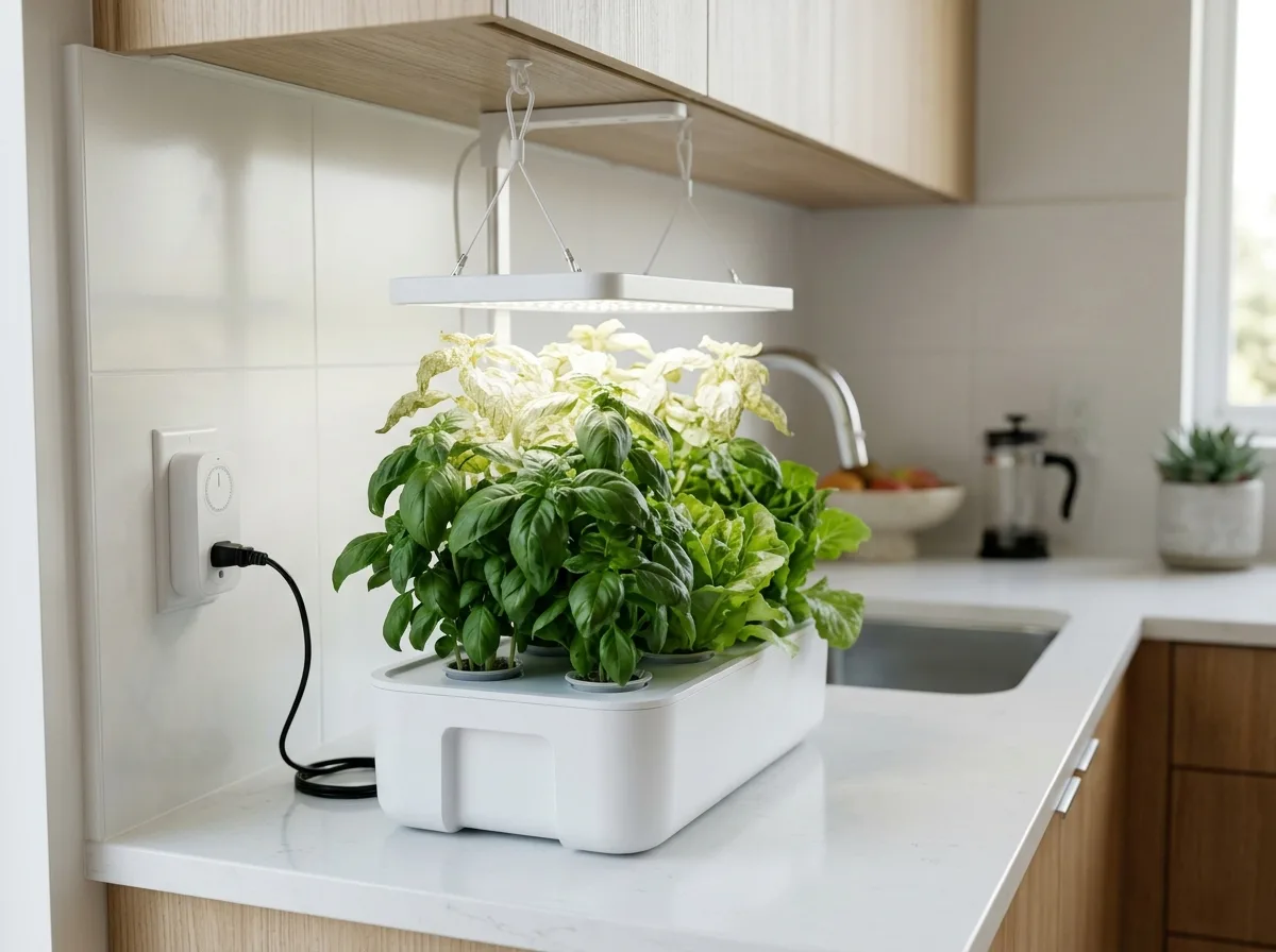 Top basil leaves bleached white from LED grow light burn while lower leaves stay dark green in a small apartment hydroponic setup