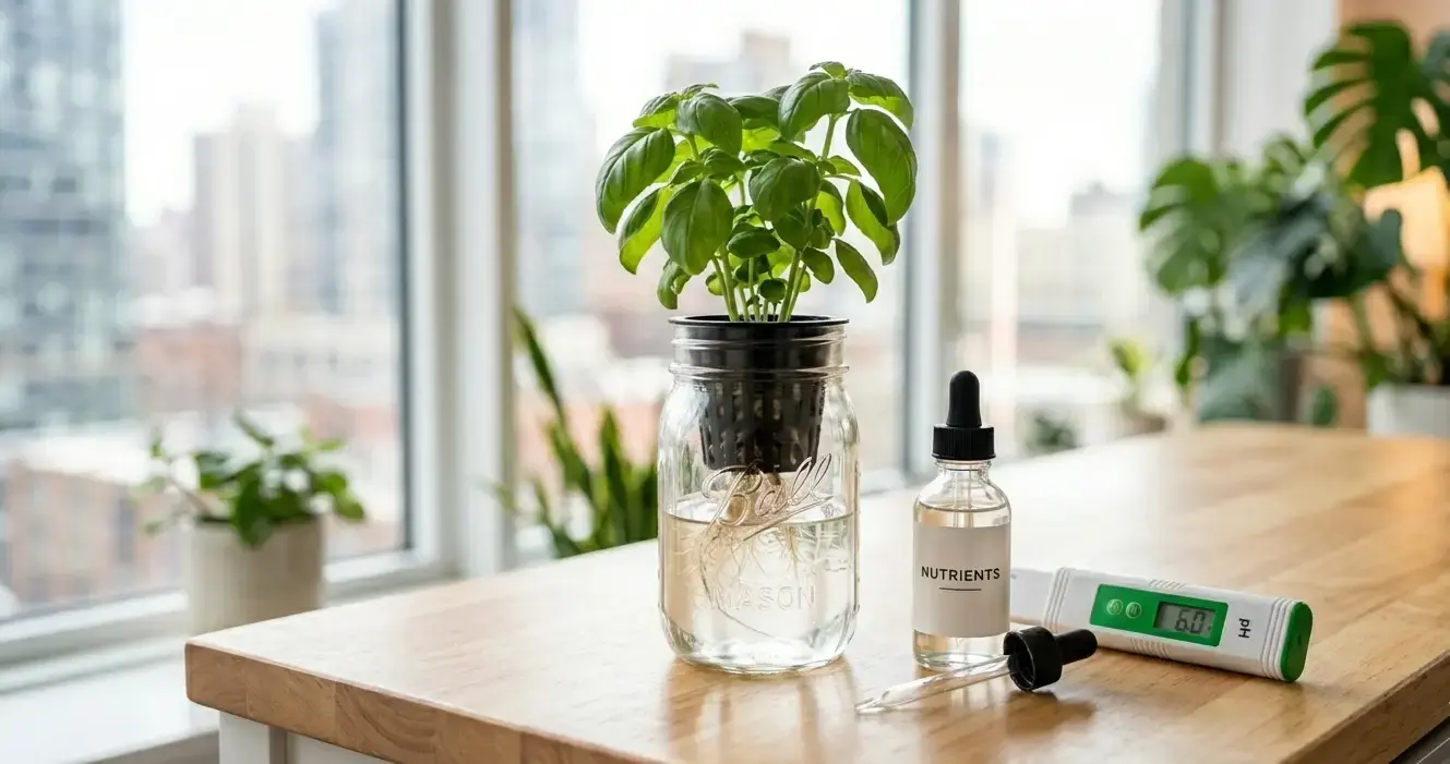 Hydroponic basil starter setup with a Kratky jar, nutrients, and pH meter on an apartment windowsill