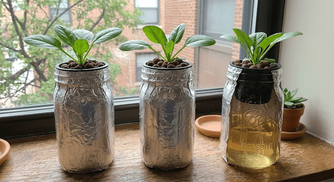 Three foil-wrapped Mason jars with spinach seedlings in net cups on a windowsill, one partially open showing white roots and an air gap above the nutrient solution