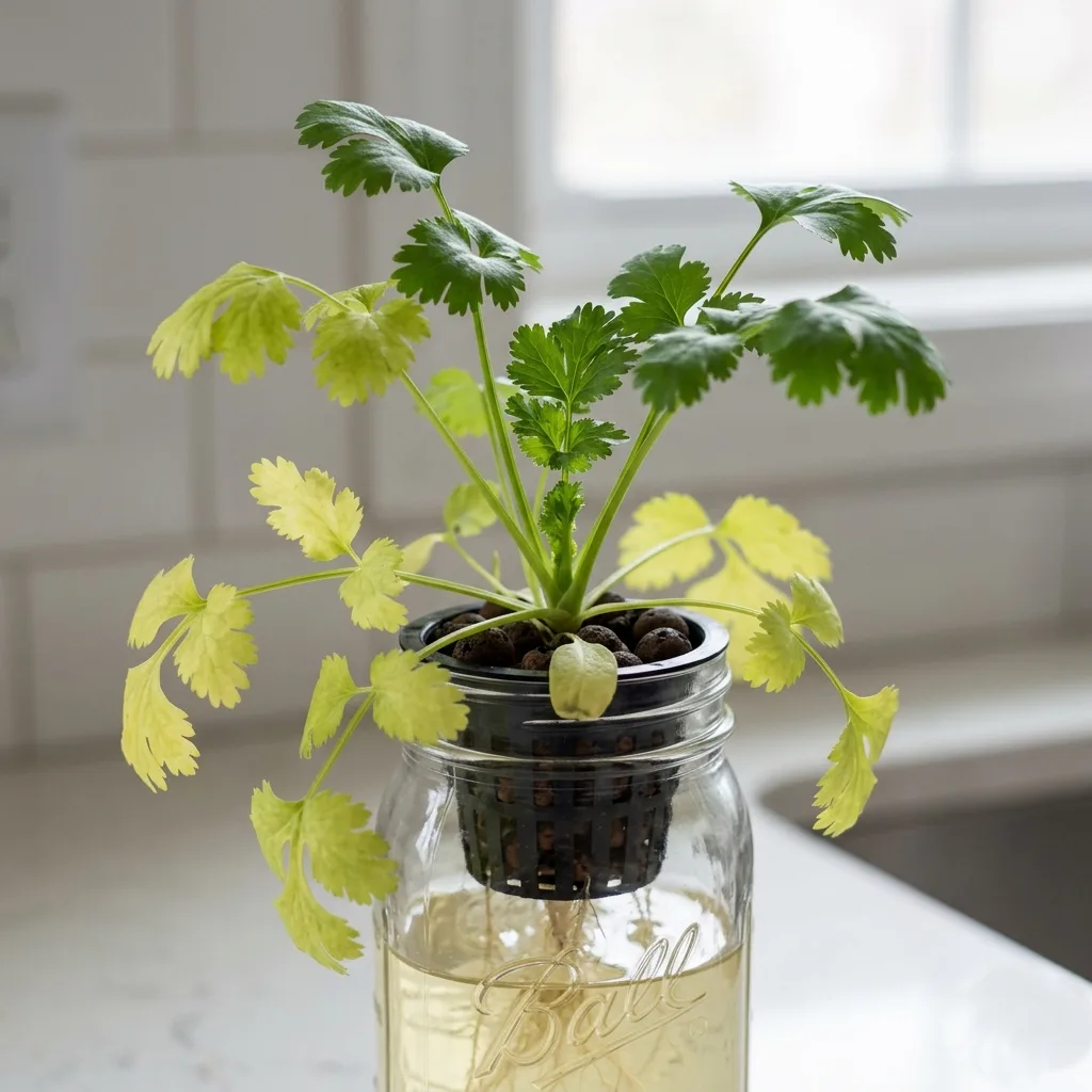 Hydroponic cilantro plant with lower leaves turning yellow while the upper newer growth remains green, a classic sign of mobile nitrogen deficiency caused by pH drift in the reservoir