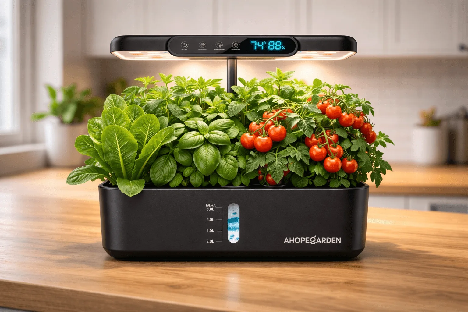 Ahopegarden 10-pod hydroponic system with LCD temperature and humidity display growing herbs and cherry tomatoes on a kitchen counter