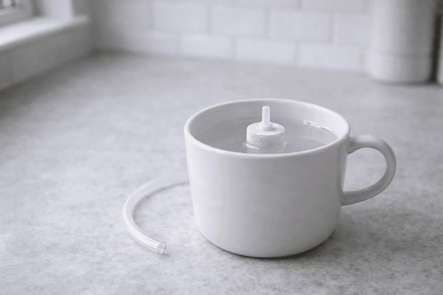 hydroponic air stone soaking in a cup of white vinegar to dissolve mineral deposits